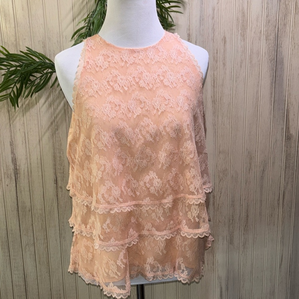 Anthropologie Peach Tiered Lace Swing Tank Top Lined Blouse Size 8 NWOT